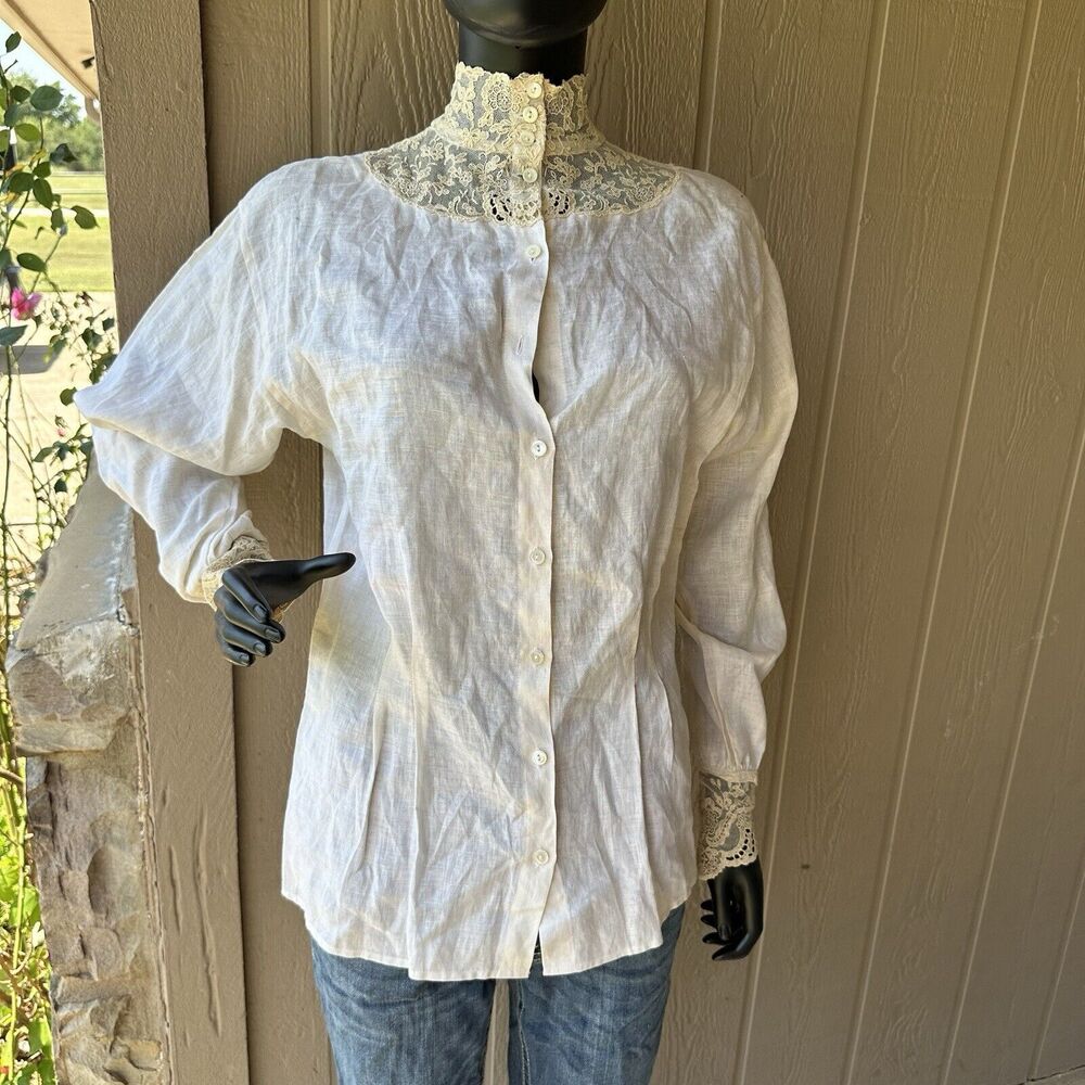 Vintage 1900s Edwardian Victorian Womens Shirt small Neck Lace Balloon Sleeve‎